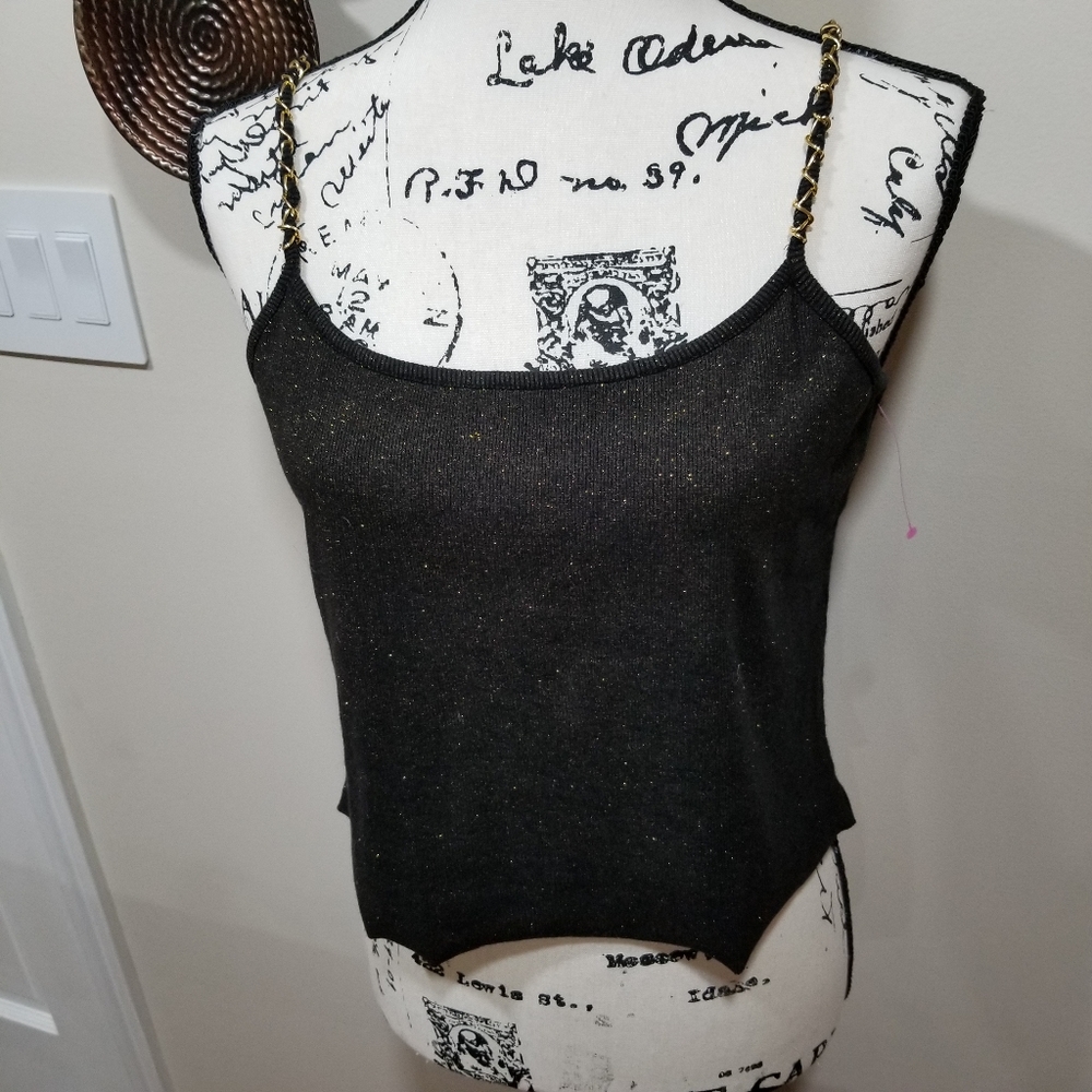 Black Cable & Gauge Top with Gold Glitter and Gold Chain Straps, SIZE L. - Picture 11 of 15